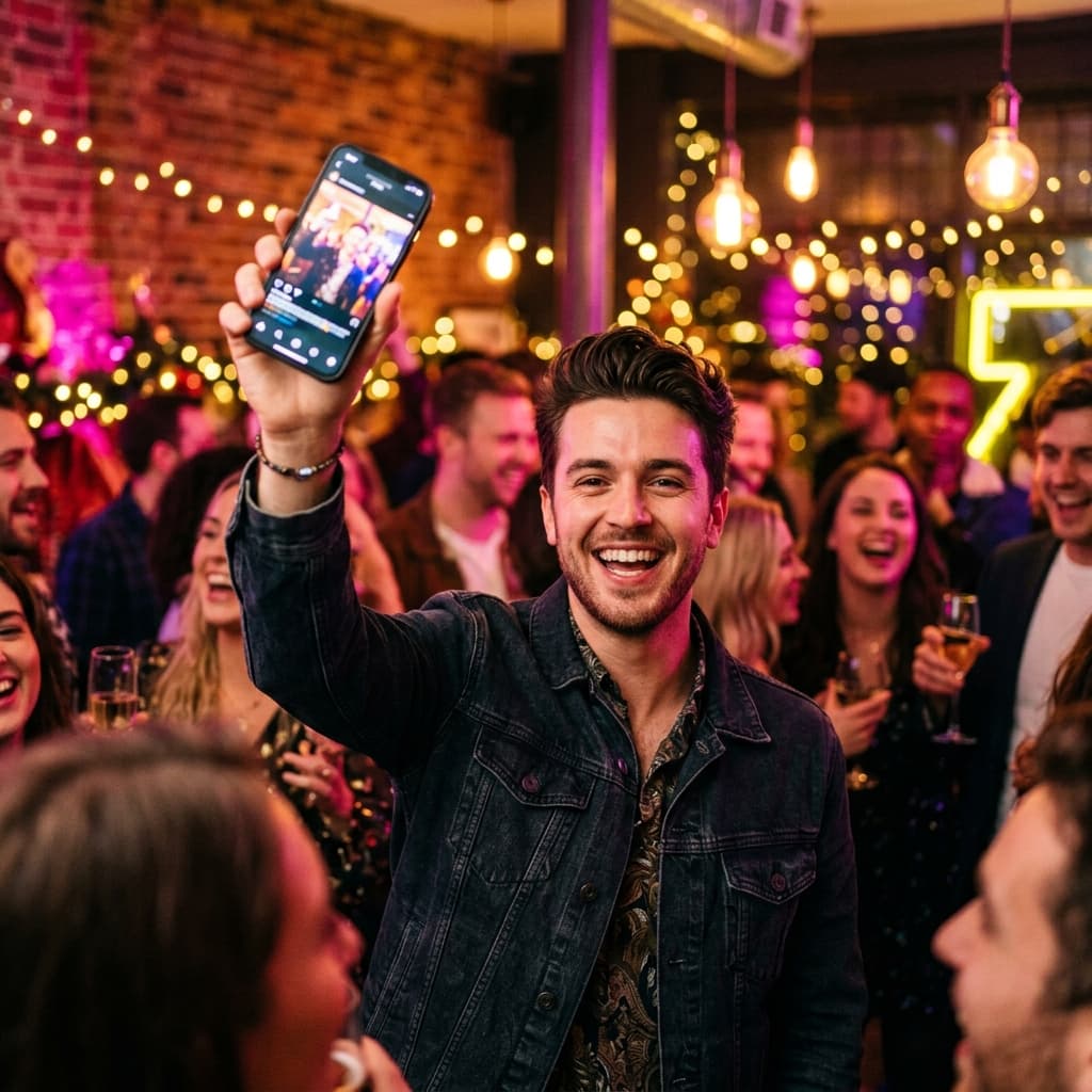 Convidados de casamento sorrindo ao receberem foto instantânea no celular via QR code